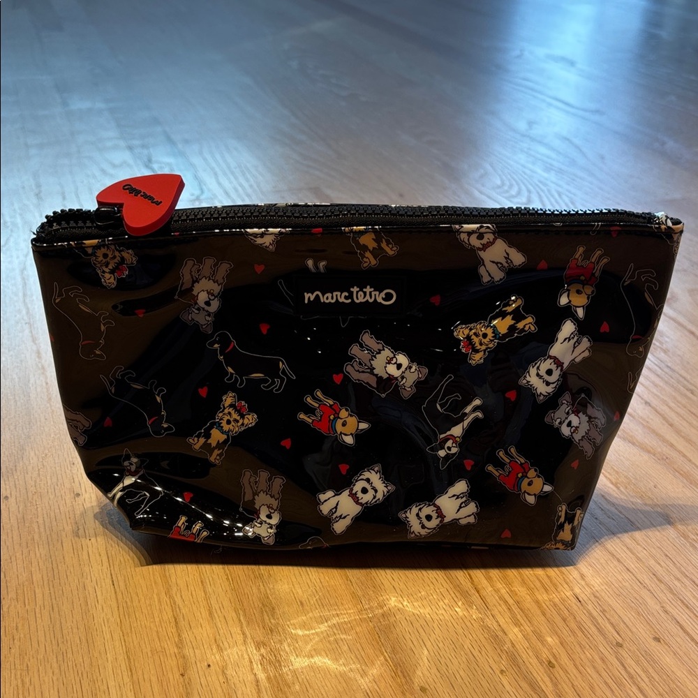 NWT Marc Tetro Faux Patent Black Dog Print Cosmetic Bag